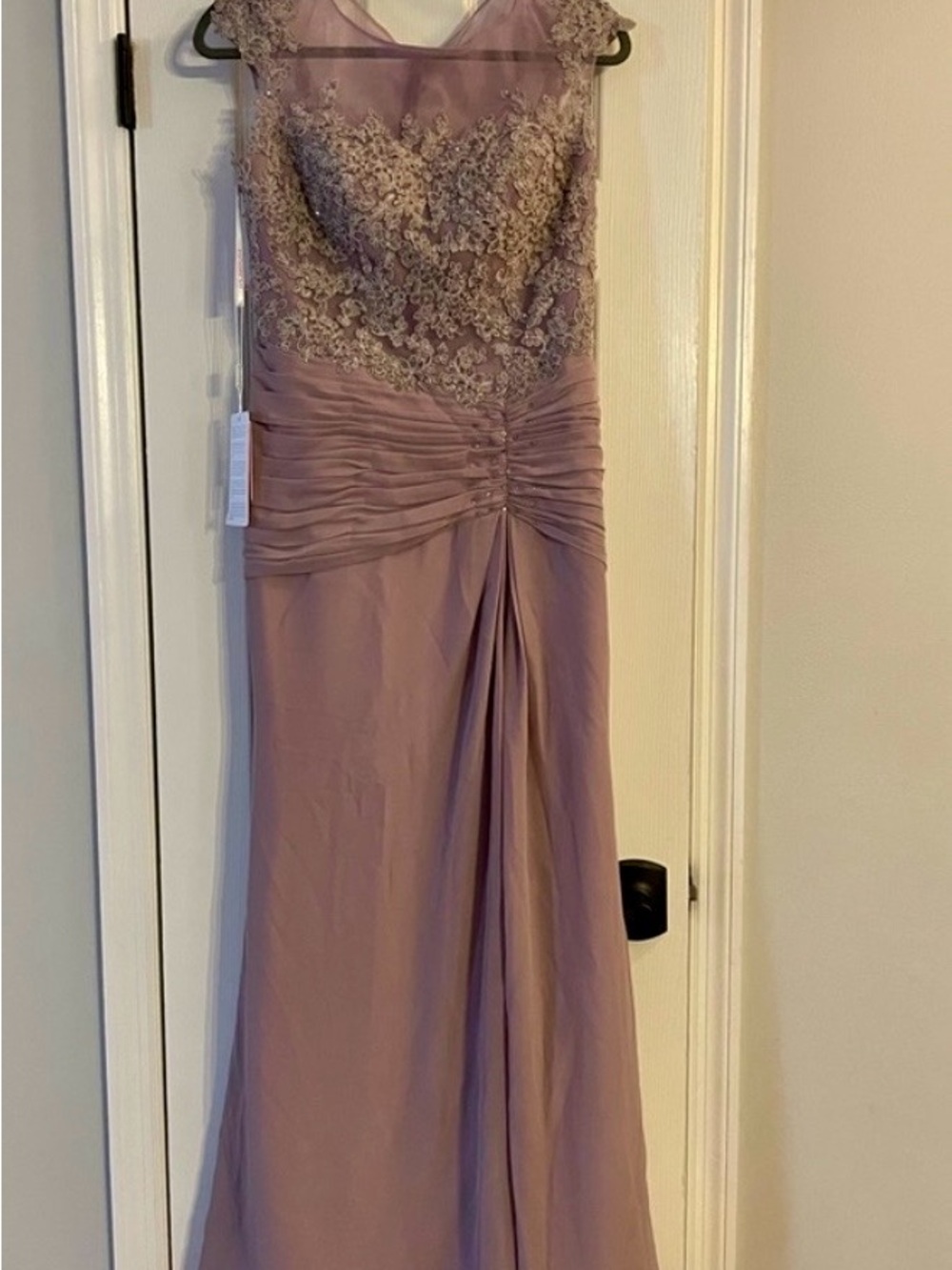 JJs House Dusty Lavender Lace Appliqué Maxi Gown